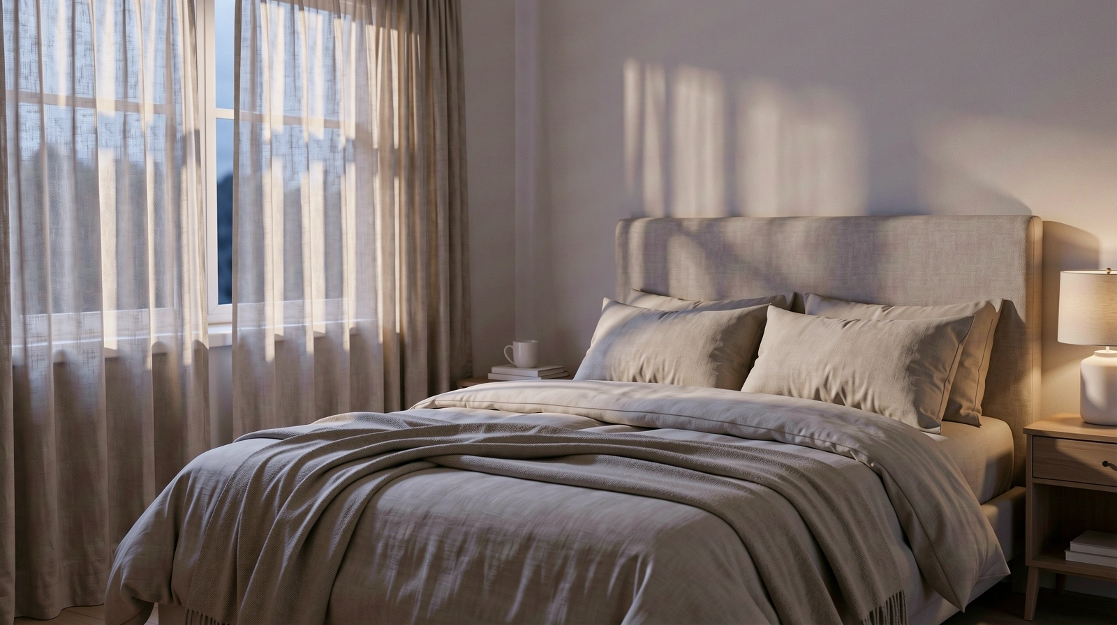 Mirna spavaća soba u sumrak